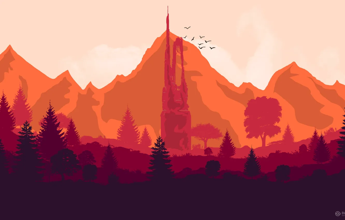 Photo wallpaper Mountains, Tower, The game, Forest, Birds, Hills, Landscape, Art