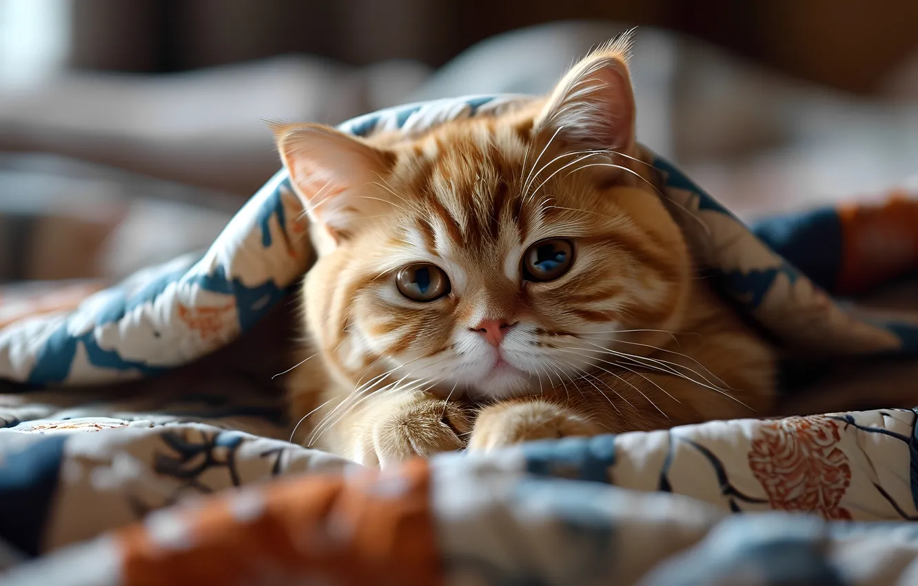 Photo wallpaper cat, cat, look, pose, comfort, lies, red, plaid