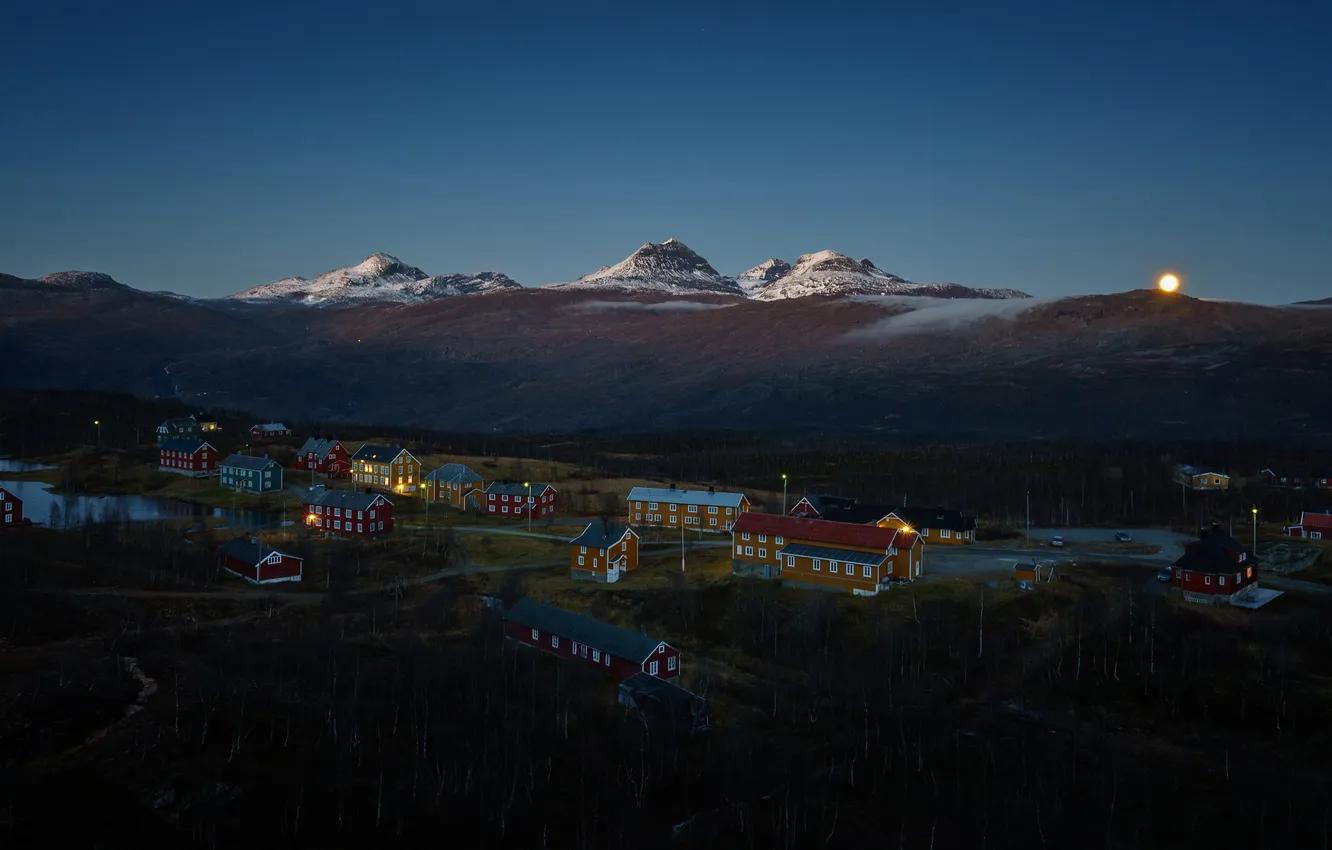 Photo wallpaper the sky, mountains, night, lights, blue, the moon, shore, tops