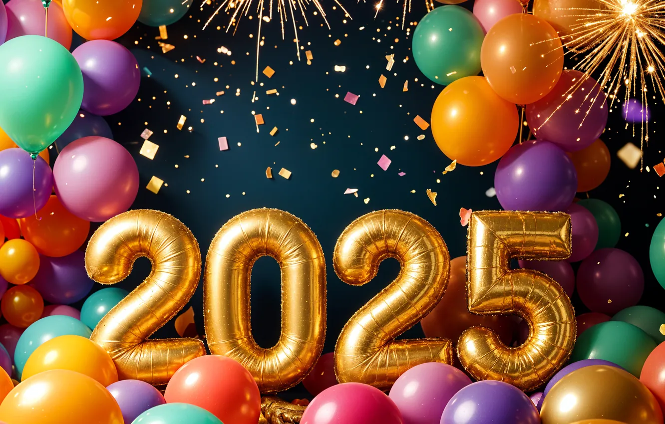 Photo wallpaper balls, lights, balloons, new year, salute, figures, air, gold