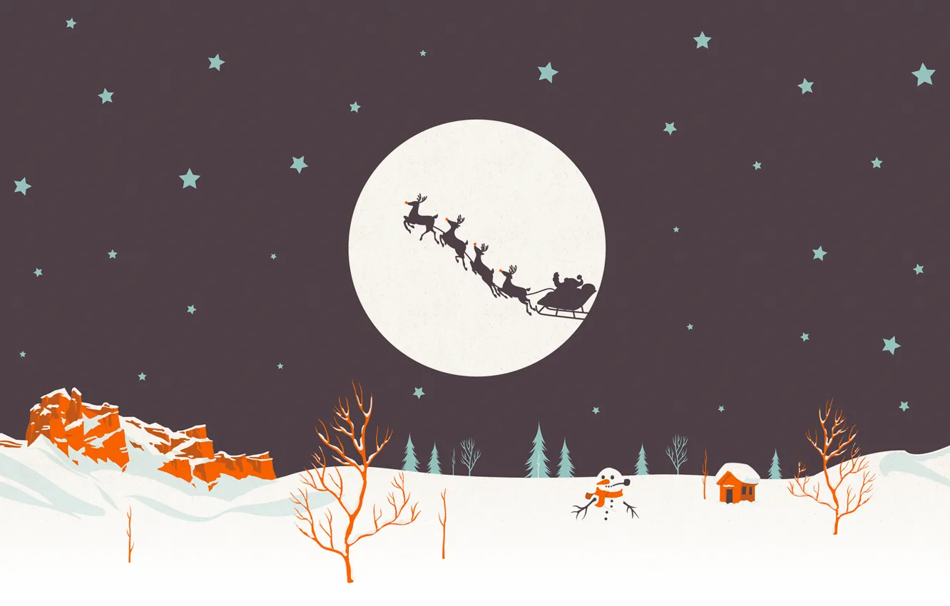 Photo wallpaper holiday, new year, vector, deer, wagon, the scenery, Santa Claus, Santa
