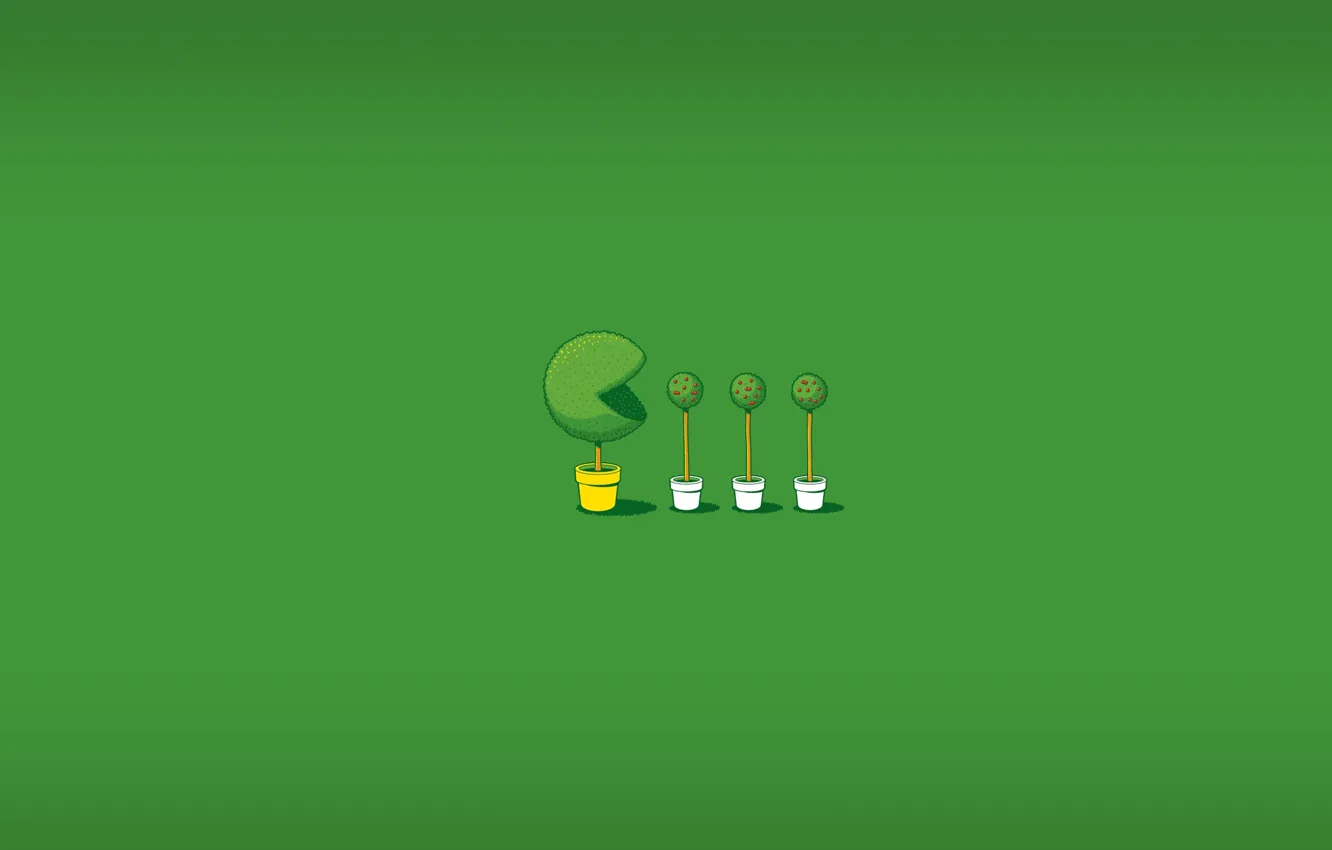Photo wallpaper greens, green, the game, minimalism, the trick, pots, the bushes, pac-man
