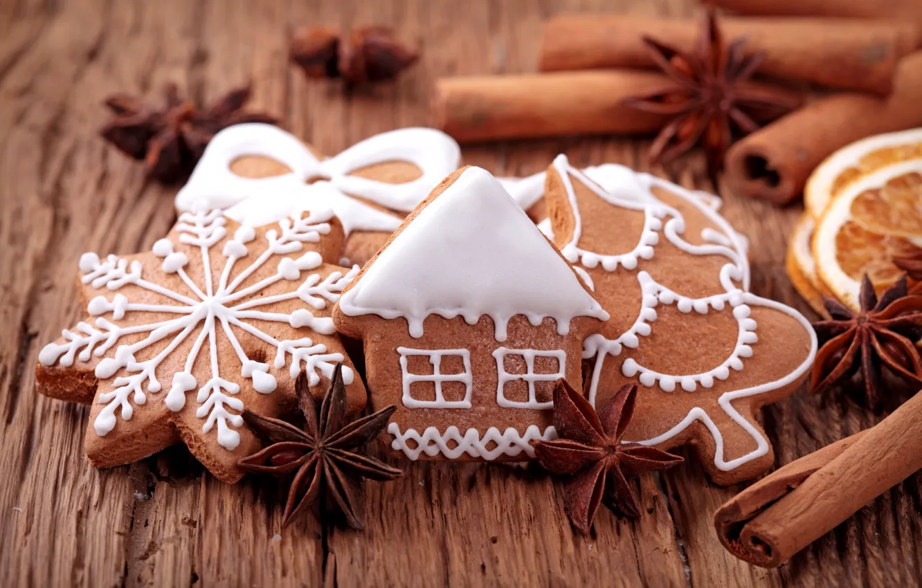 Photo wallpaper house, tree, New Year, cookies, Christmas, sweets, nuts, cinnamon