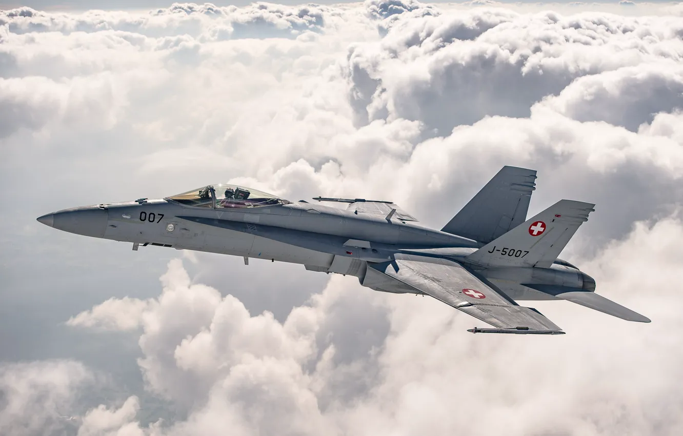 Photo wallpaper Clouds, Fighter, Pilot, The Swiss air force, F/A-18 Hornet, Cockpit, PTB