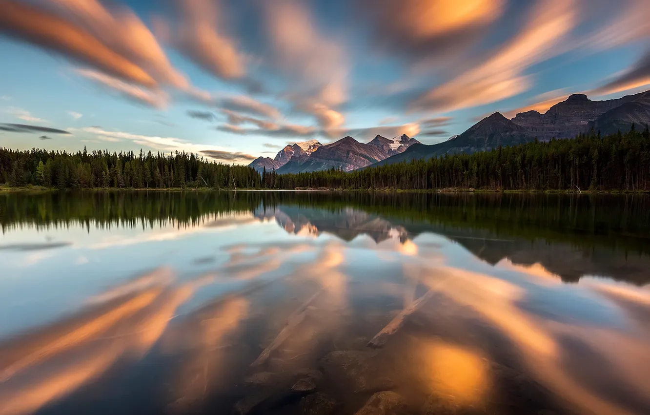 Photo wallpaper sky, trees, landscape, nature, mountains, clouds, lake, reflection