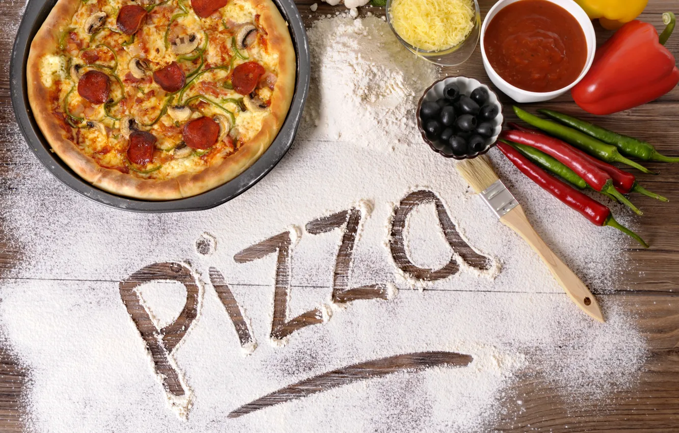 Photo wallpaper cheese, pepper, pizza, sauce, pizza, olives, flour