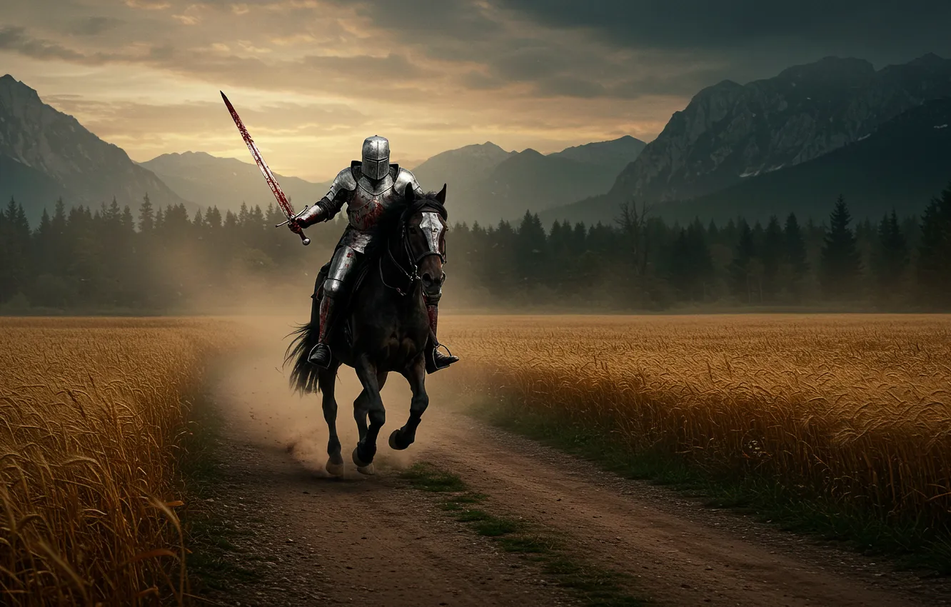 Photo wallpaper road, field, forest, mountains, horse, sword, knight, gloomy atmosphere