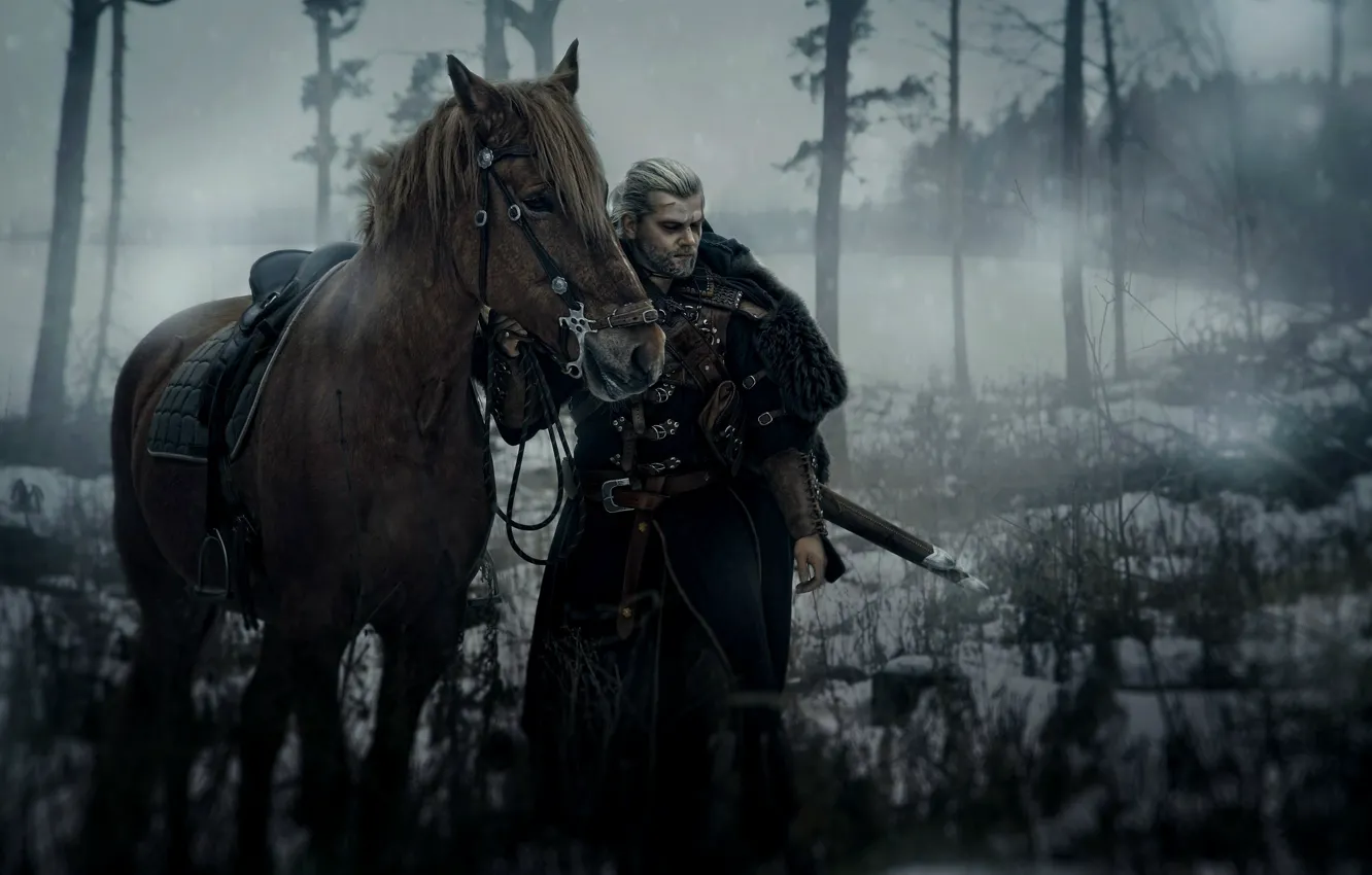 Photo wallpaper sword, game, The Witcher, weapon, snow, man, ken, blade