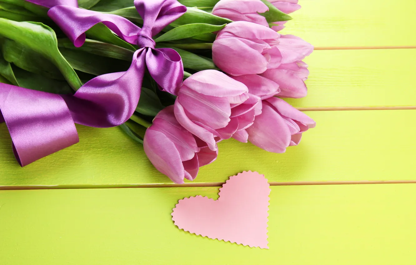 Photo wallpaper flowers, bouquet, tape, tulips, pink, wood, pink, flowers