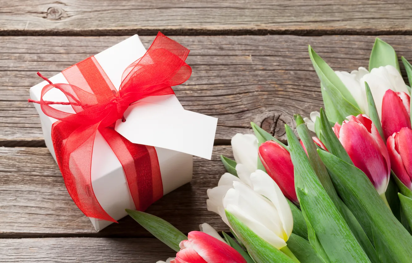 Photo wallpaper flowers, gift, bouquet, tulips, red, love, white, wood