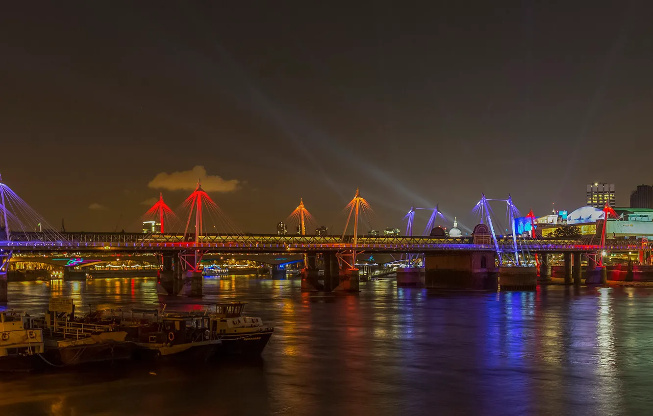 Photo wallpaper night, bridge, lights, river, London, boat, UK, Golden Jubilee Bridge