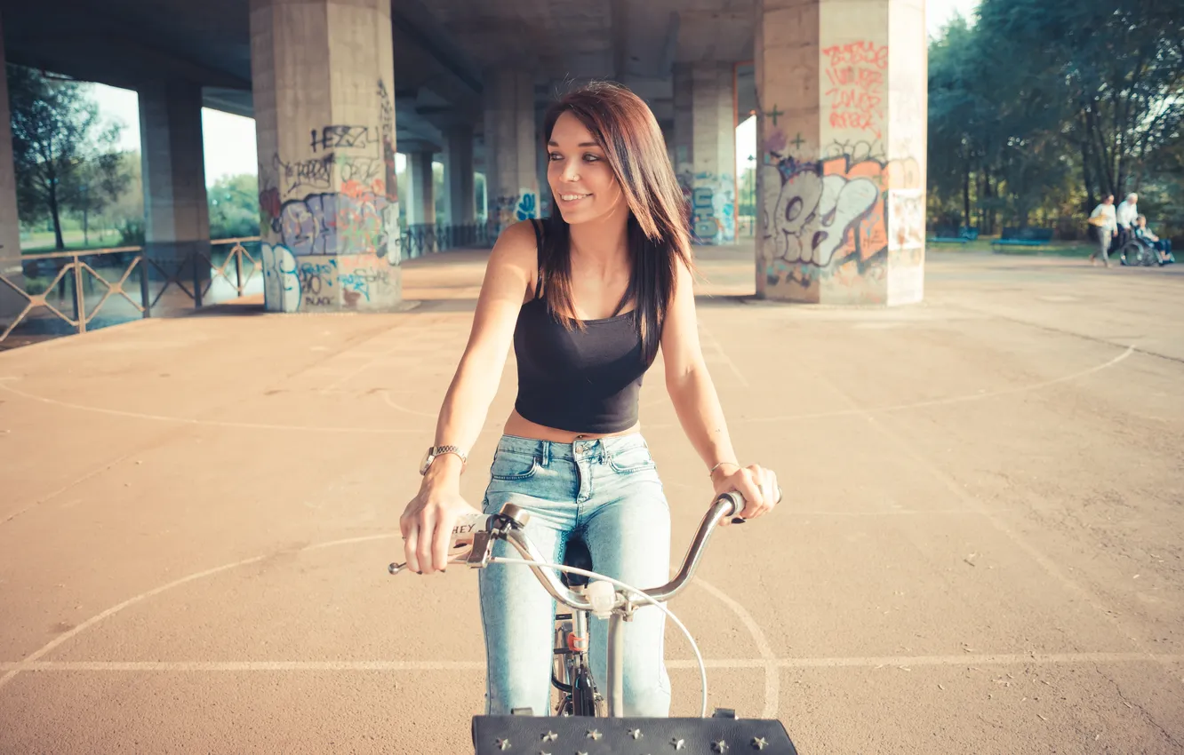 Photo wallpaper bicycle, women, smiling