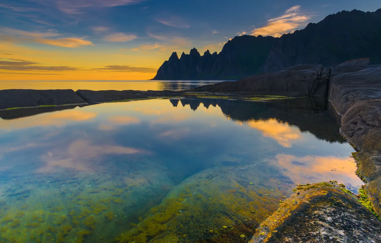 Photo wallpaper sea, sunset, mountains, Norway, Norway, Here