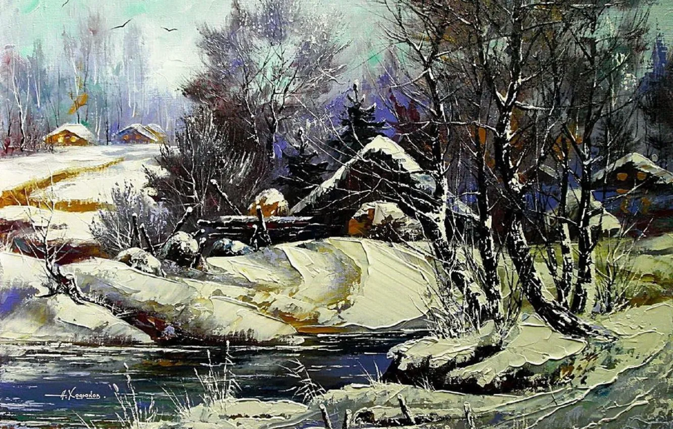 Photo wallpaper winter, snow, landscape, river, home, picture, village, day