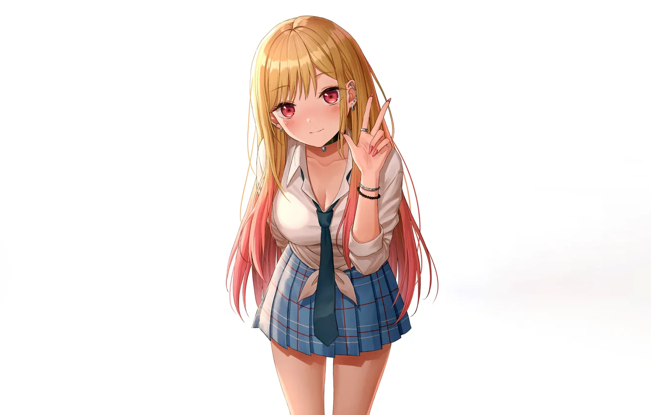 Photo wallpaper girl, sexy, cleavage, school uniform, long hair, boobs, anime, beautiful