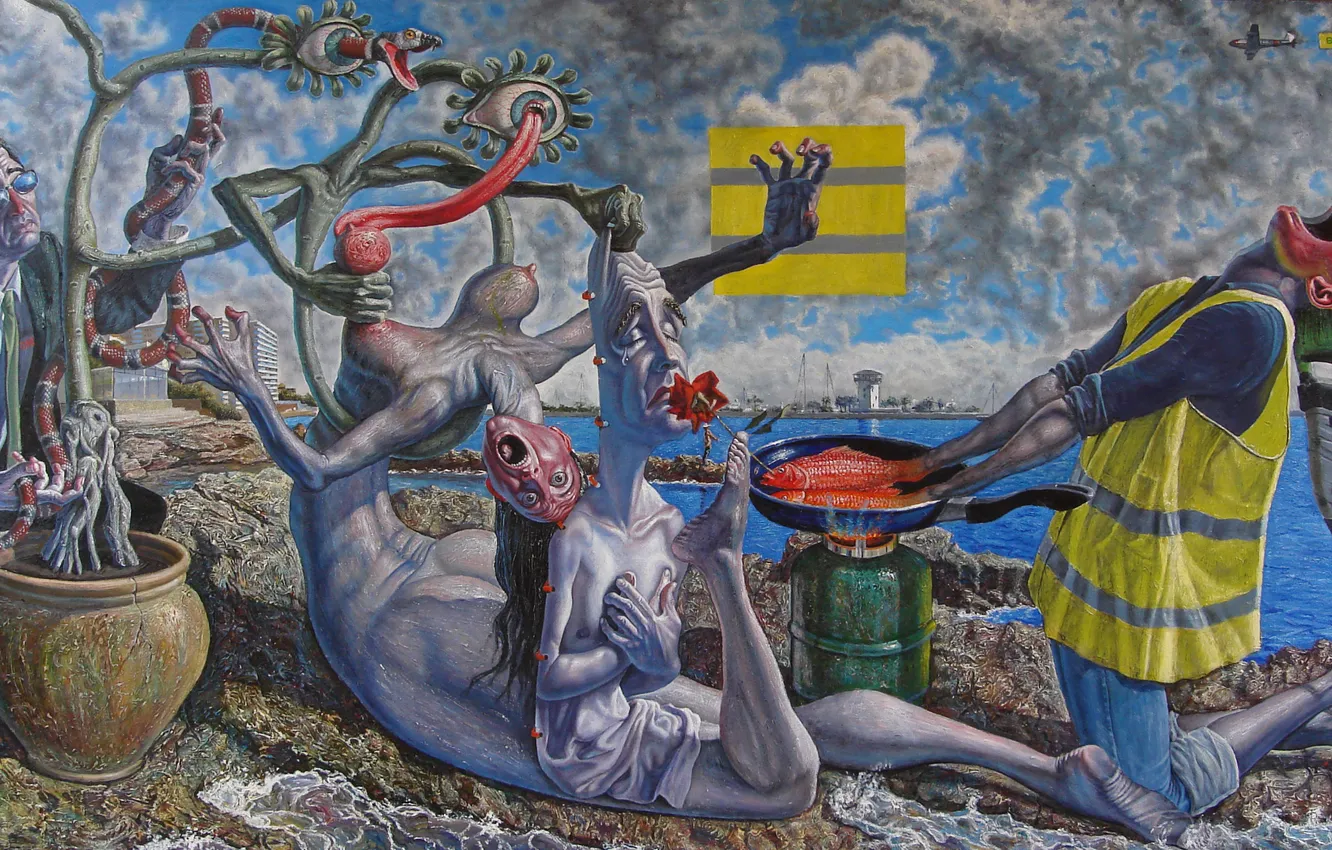 Photo wallpaper sea, eyes, surrealism, body, people, fish, horror, sneakers