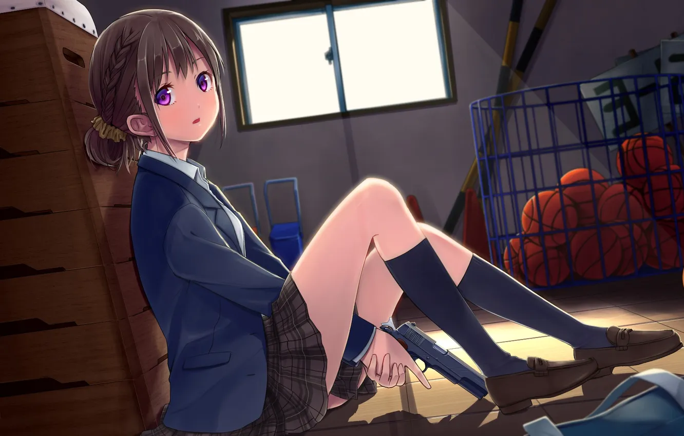 Photo wallpaper look, girl, weapons, schoolgirl, sitting, art, meso-meso