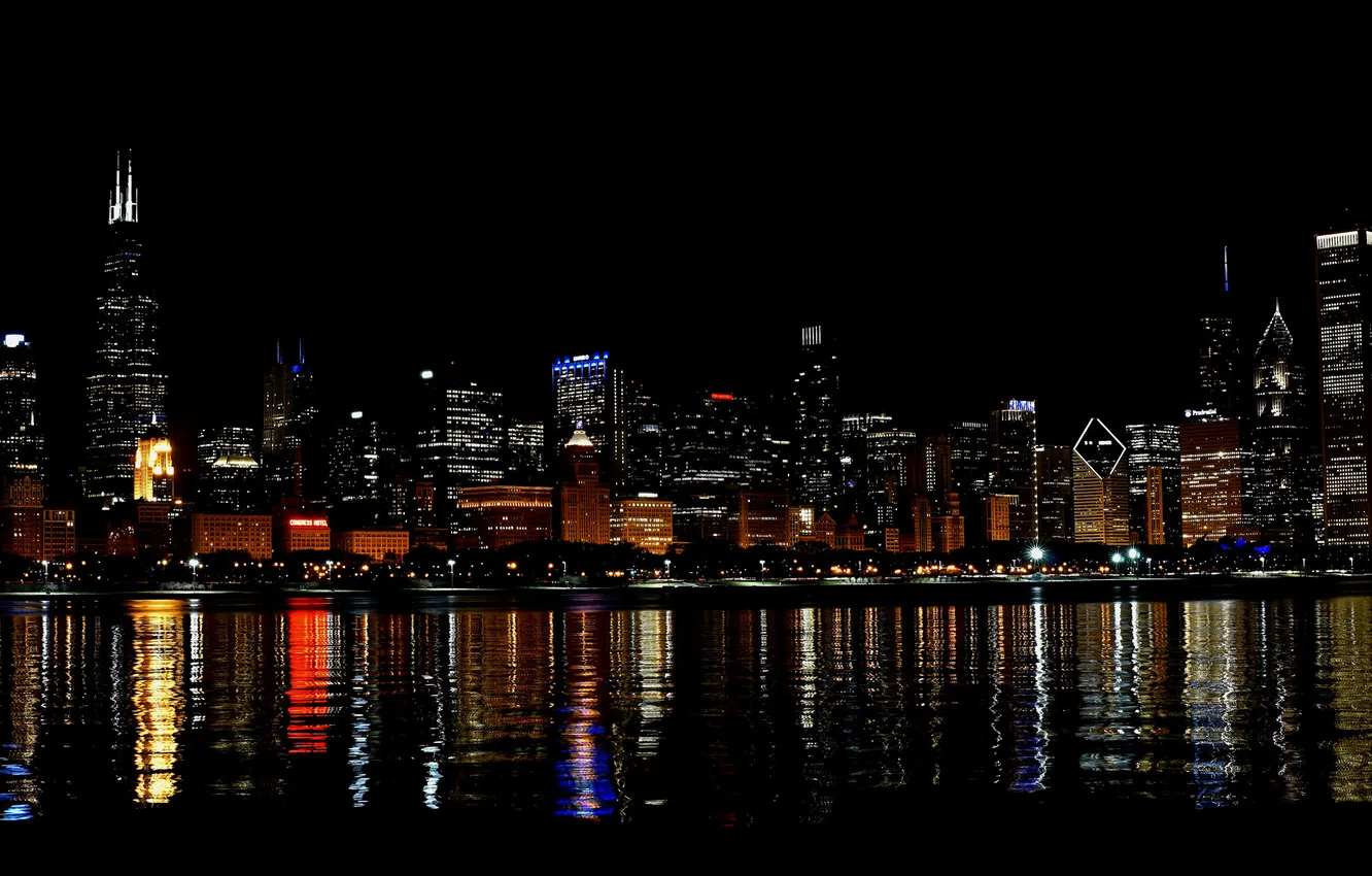 Photo wallpaper night, the city, lights, river, skyscrapers, Chicago, USA, megapolis