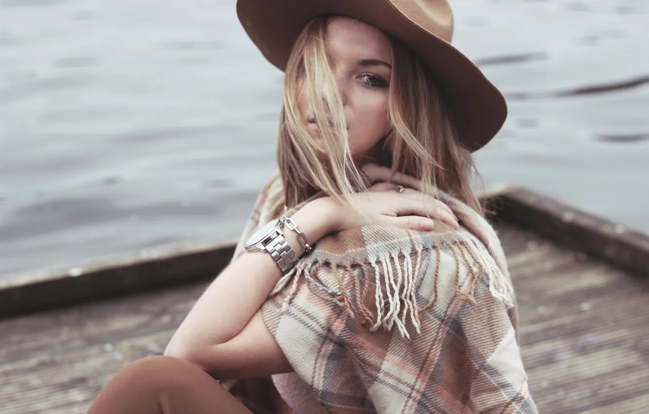 Photo wallpaper girl, the wind, hair, watch, hat
