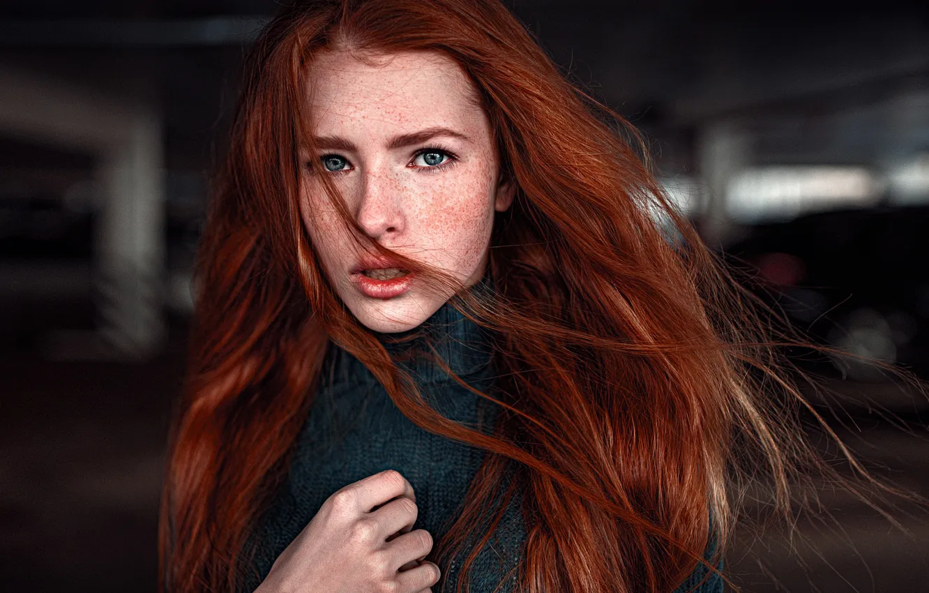 Photo wallpaper girl, hair, freckles, sponge, beautiful, jacket, redhead, Katya Voronina