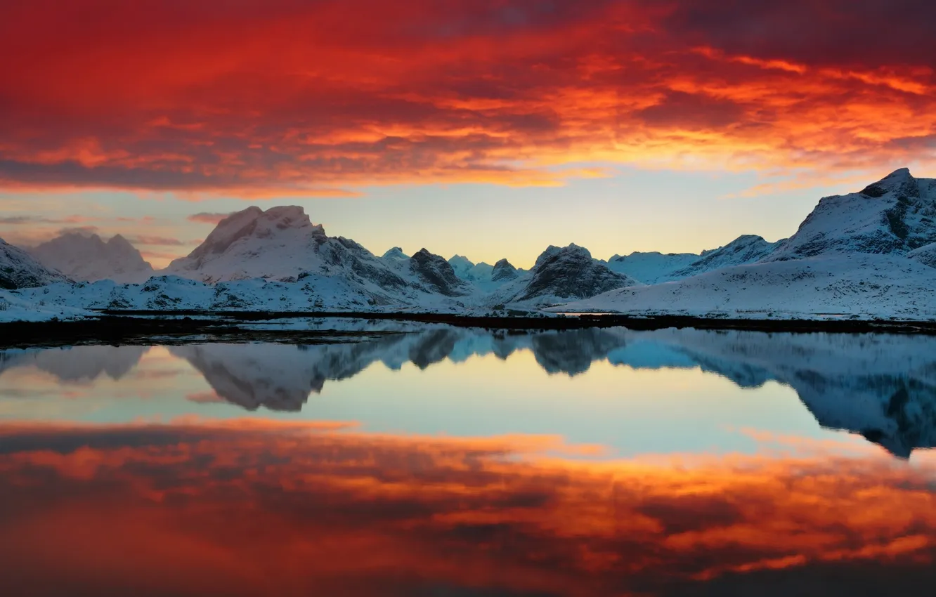 Photo wallpaper the sky, clouds, snow, sunset, mountains, red, lake, Norway