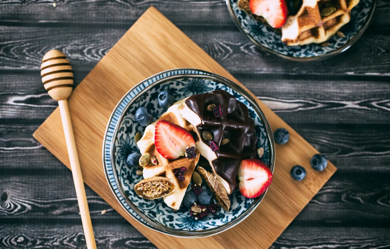 Photo wallpaper berries, Breakfast, waffles