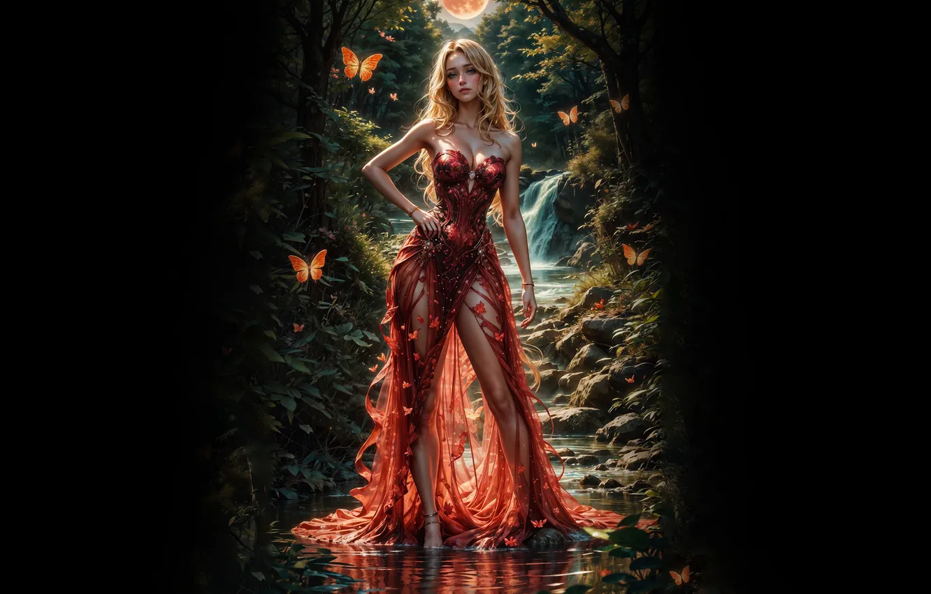 Photo wallpaper girl, stream, butterfly, black background