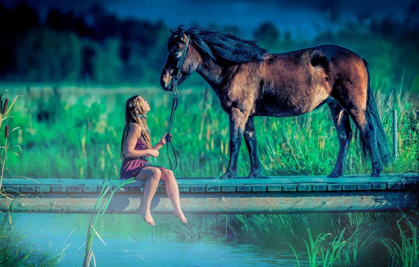 Photo wallpaper girl, lake, horse