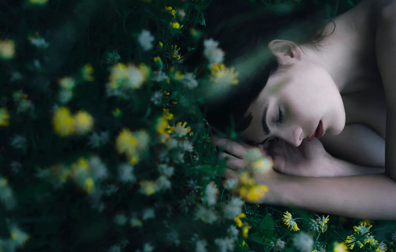 Photo wallpaper grass, girl, flowers, stay, sleep, makeup