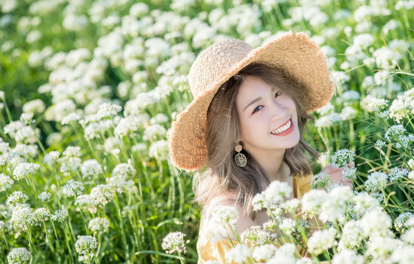 Photo wallpaper field, girl, flowers, Asian, cutie, bokeh