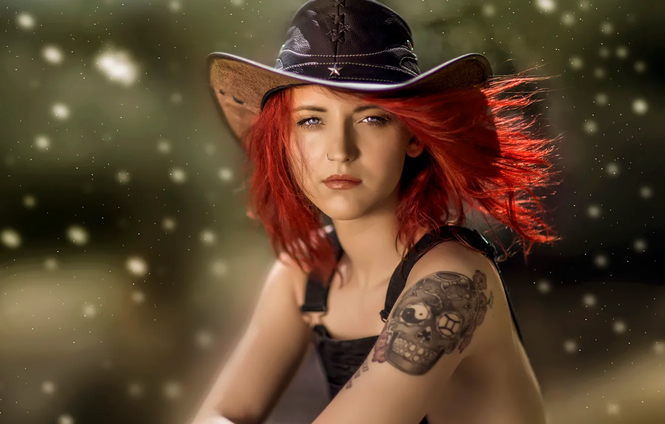 Photo wallpaper girl, skull, hat, tattoo, red
