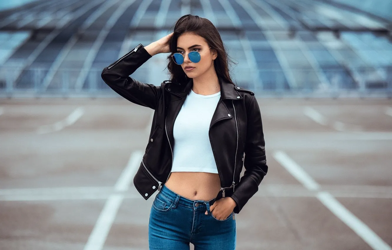 Photo wallpaper girl, leather, glasses, cute, jacket