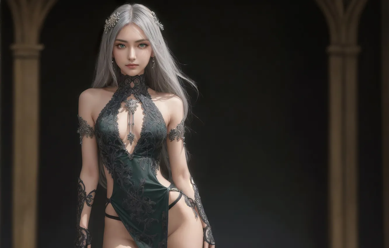 Photo wallpaper girl, fantasy, green eyes, dress, art, fantasy art, fantasy girl, Stable Diffusion