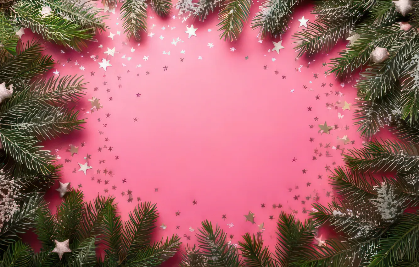 Photo wallpaper branches, Shine, new year, texture, frame, sequins, Christmas, needles