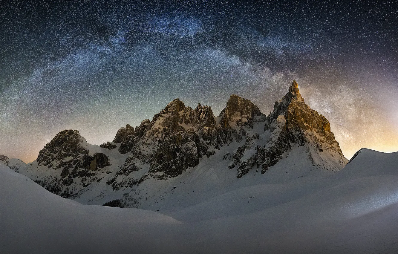 Photo wallpaper winter, stars, light, snow, mountains, night, people, Italy