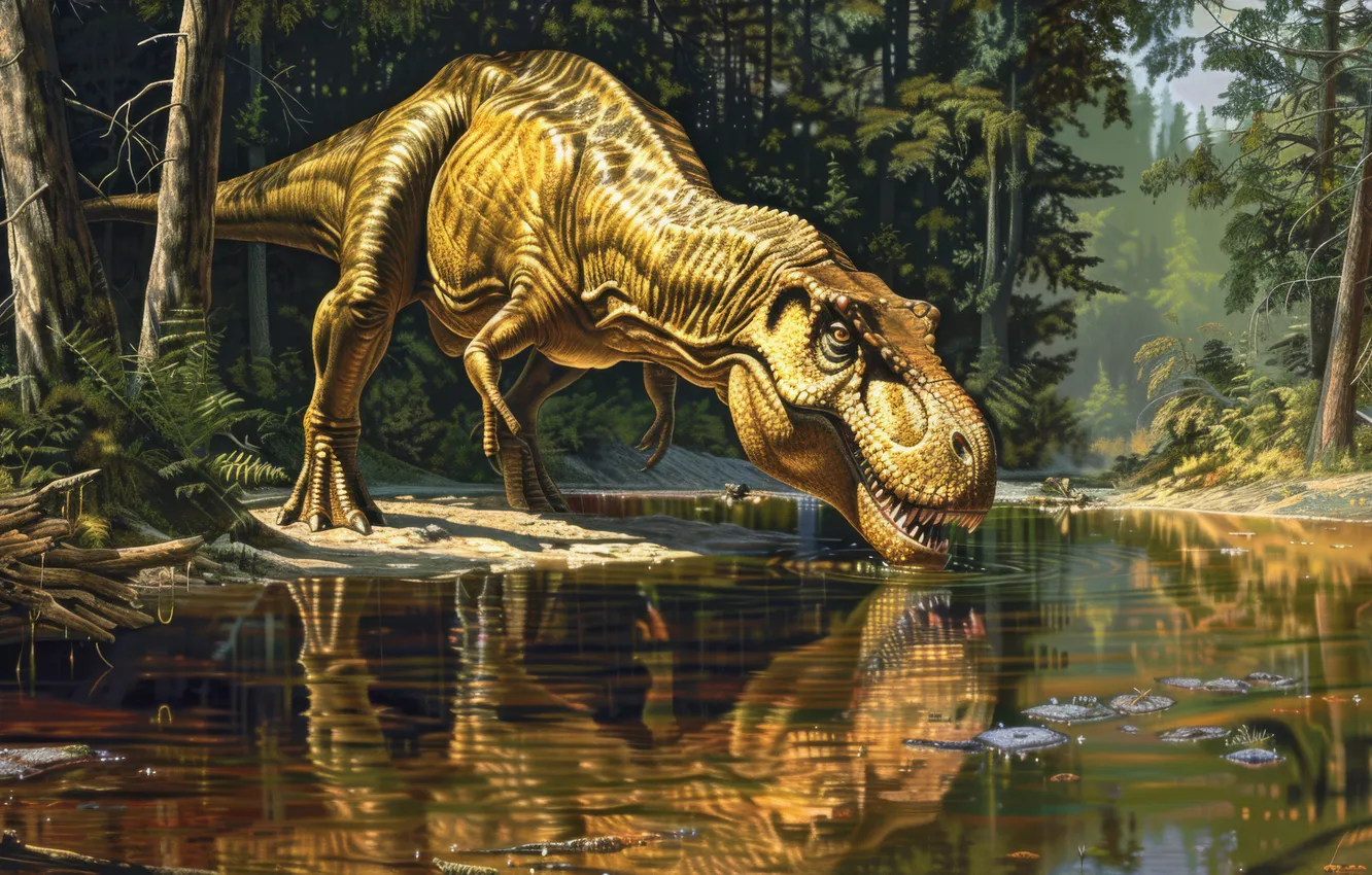 Photo wallpaper forest, water, trees, animal, dinosaur, predator, river, drink