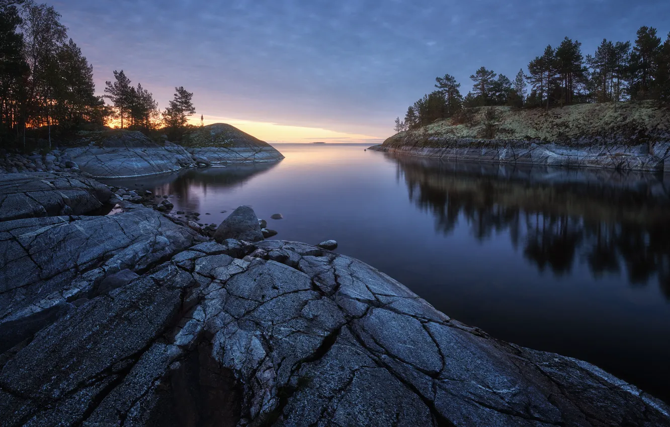 Photo wallpaper trees, landscape, nature, lake, stones, Lake Ladoga, Ladoga, Skerries