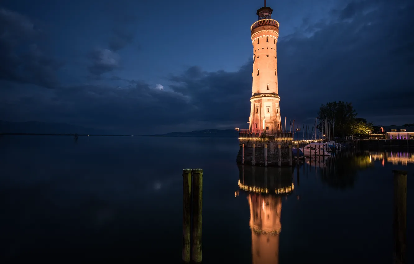 Photo wallpaper night, lighthouse, Lindau