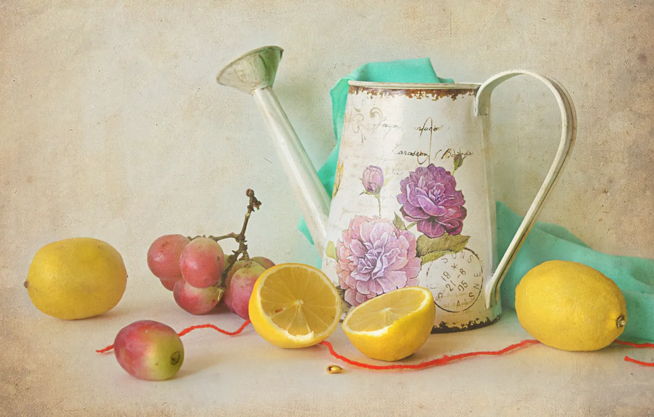 Photo wallpaper table, grapes, lake, still life, citrus, bone, lemons, red ribbon