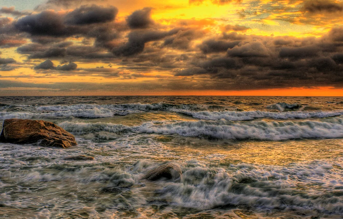 Photo wallpaper sea, wave, the sky, clouds, storm, stone, hdr, glow