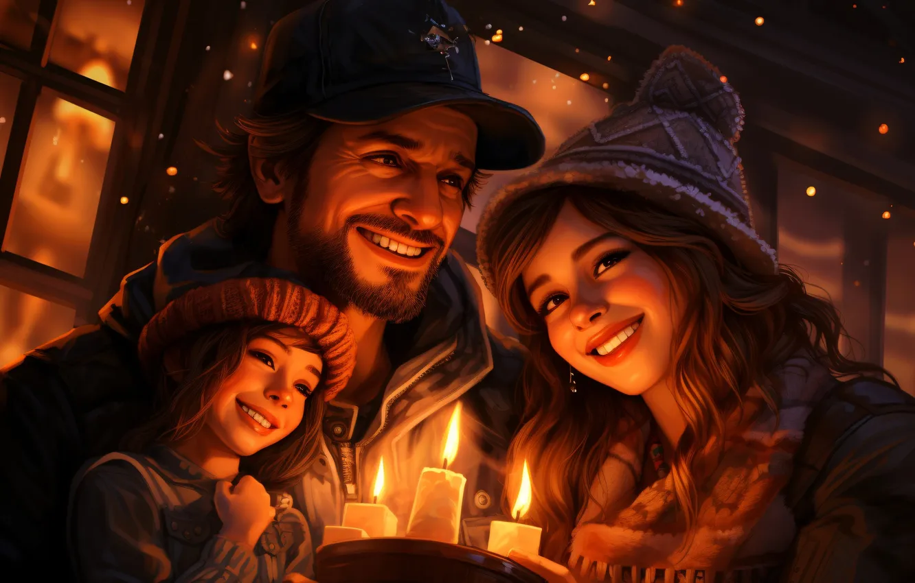 Photo wallpaper girl, joy, smile, new year, candles, family, Christmas, girl