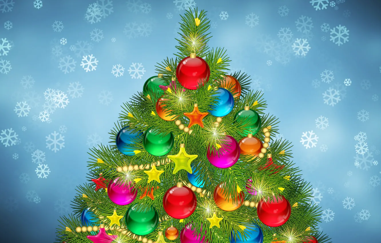 Photo wallpaper balls, snow, snowflakes, background, holiday, toy, tree, new year