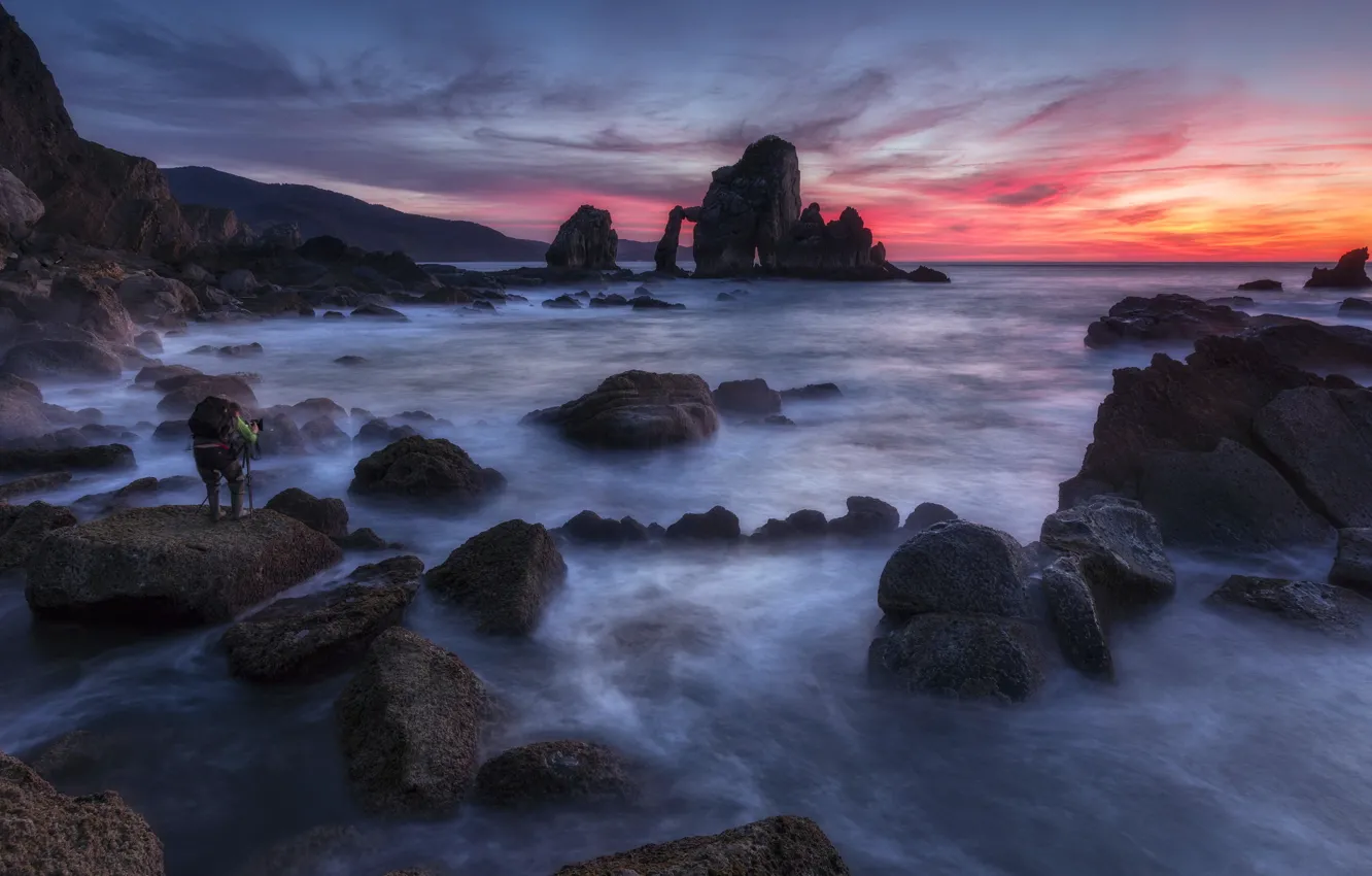 Photo wallpaper sea, sunset, rocks, Photographer