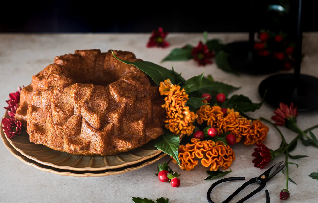 Photo wallpaper flowers, berries, food, pie, cakes