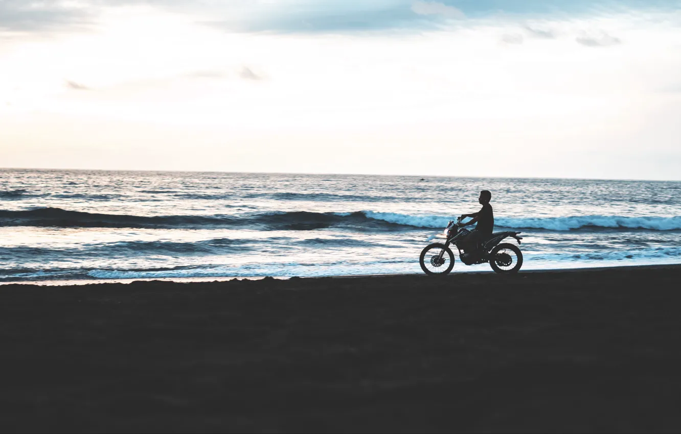 Photo wallpaper sea, beach, the sky, motorcycle, motorcyclist