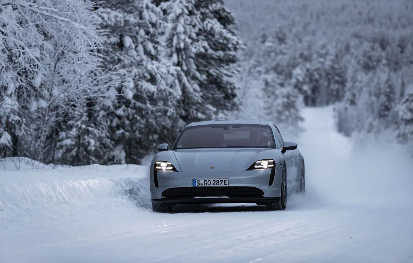 Photo wallpaper snow, grey, Porsche, front view, on the road, 2020, Taycan, Taycan 4S