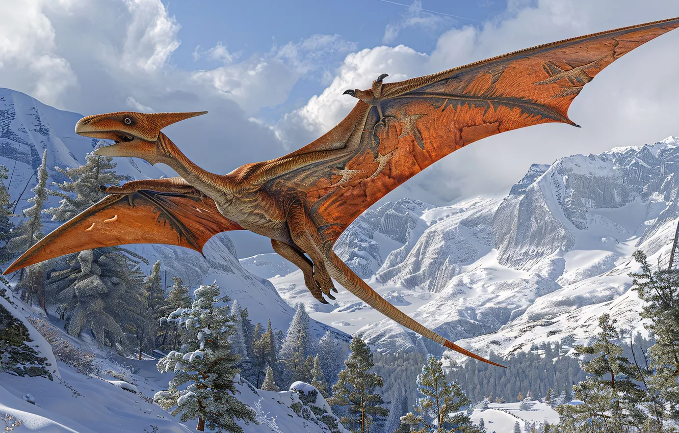 Photo wallpaper snow, flight, mountains, animal, wings, dinosaur, pterodactyl, digital art