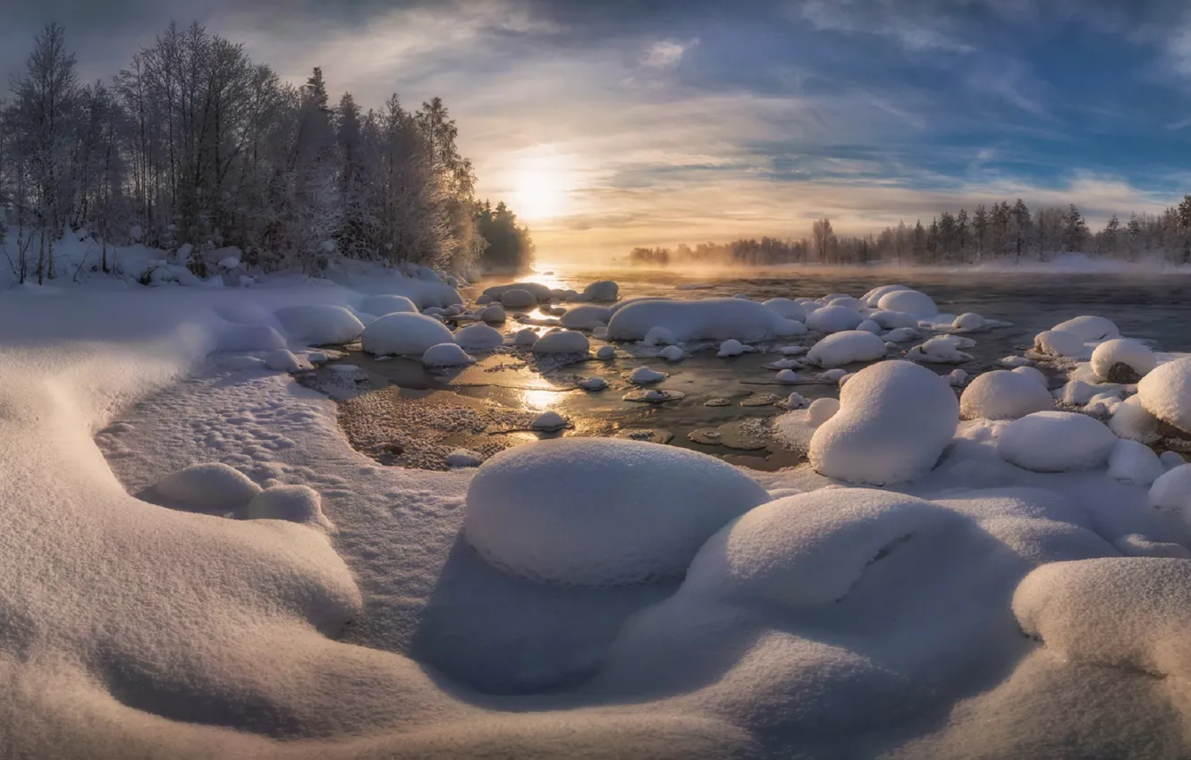 Photo wallpaper ice, winter, the sky, trees, river, dawn, frost