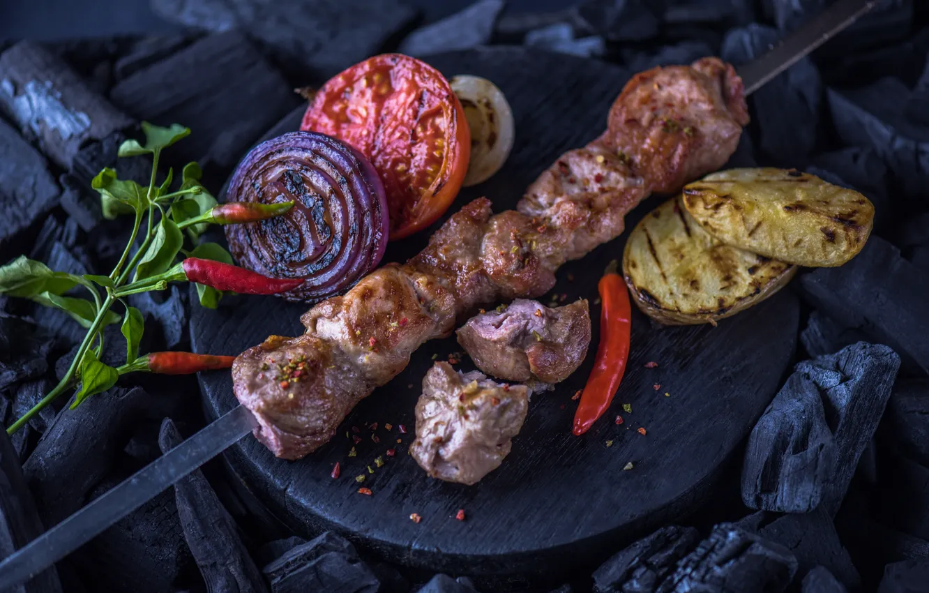 Photo wallpaper bow, meat, tomatoes, kebab, potatoes