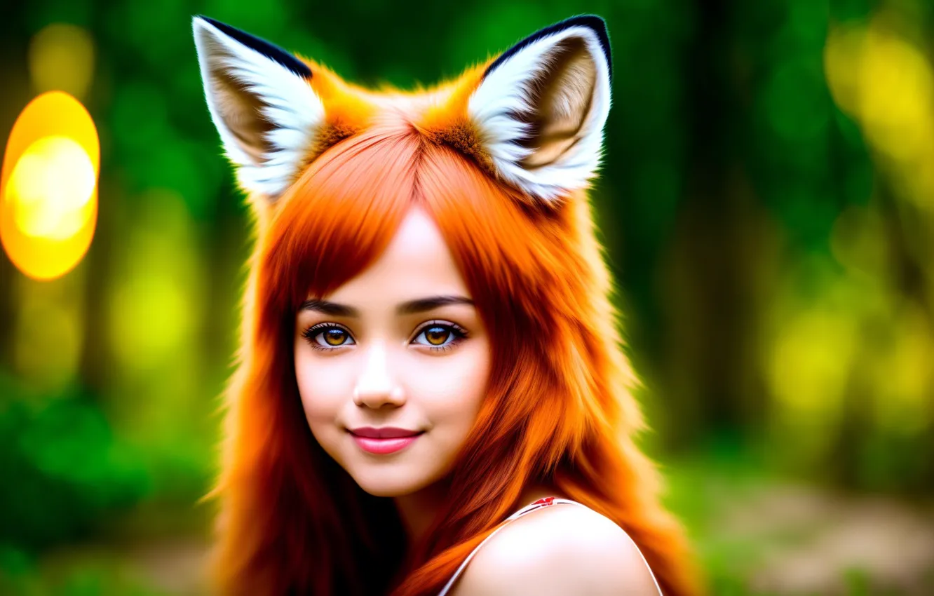 Photo wallpaper smile, portrait, positive, Fox, bokeh, digital art, digital art, the red-haired girl